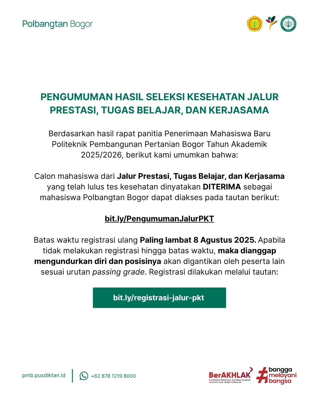 Pengumuman Hasil Seleksi Kesehatan Jalur Prestasi, Tugas Belajar, dan Kerjasama