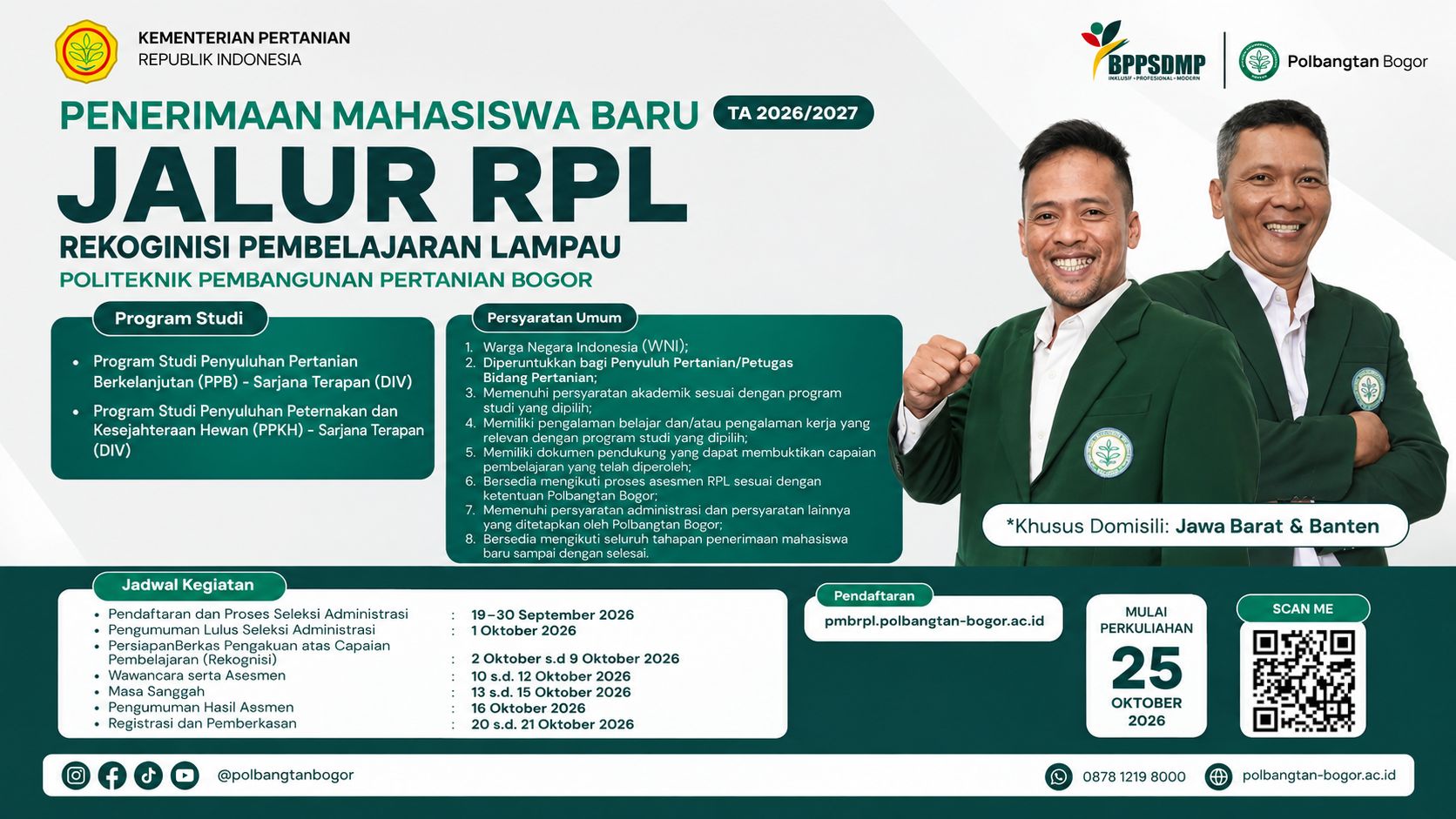 Penerimaan Mahasiswa Baru Jalur RPL Rekognisi Pembelajaran Lampau (RPL) Politeknik Pembangunan Pertanian Bogor TA 2026/2027